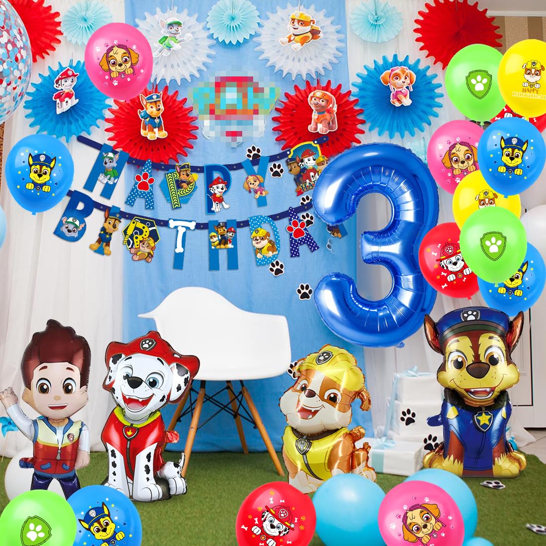 Patrol Birthday Decorations 3 Years, Paw Balloon Kids Birthday Boys Girls, Cartoon Dog Balloons Set, Dog Patrol Blue Balloon 3rd Birthday, Cake Topper for 3 Years Kids Birthday Party Decorations