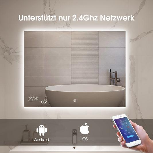 Goodbye cold LED bathroom mirror anti-fog 80x60 cm, bathroom mirror wall mirror light mirror with touch switch, WiFi weather station & date, smart mirror, horizontal
