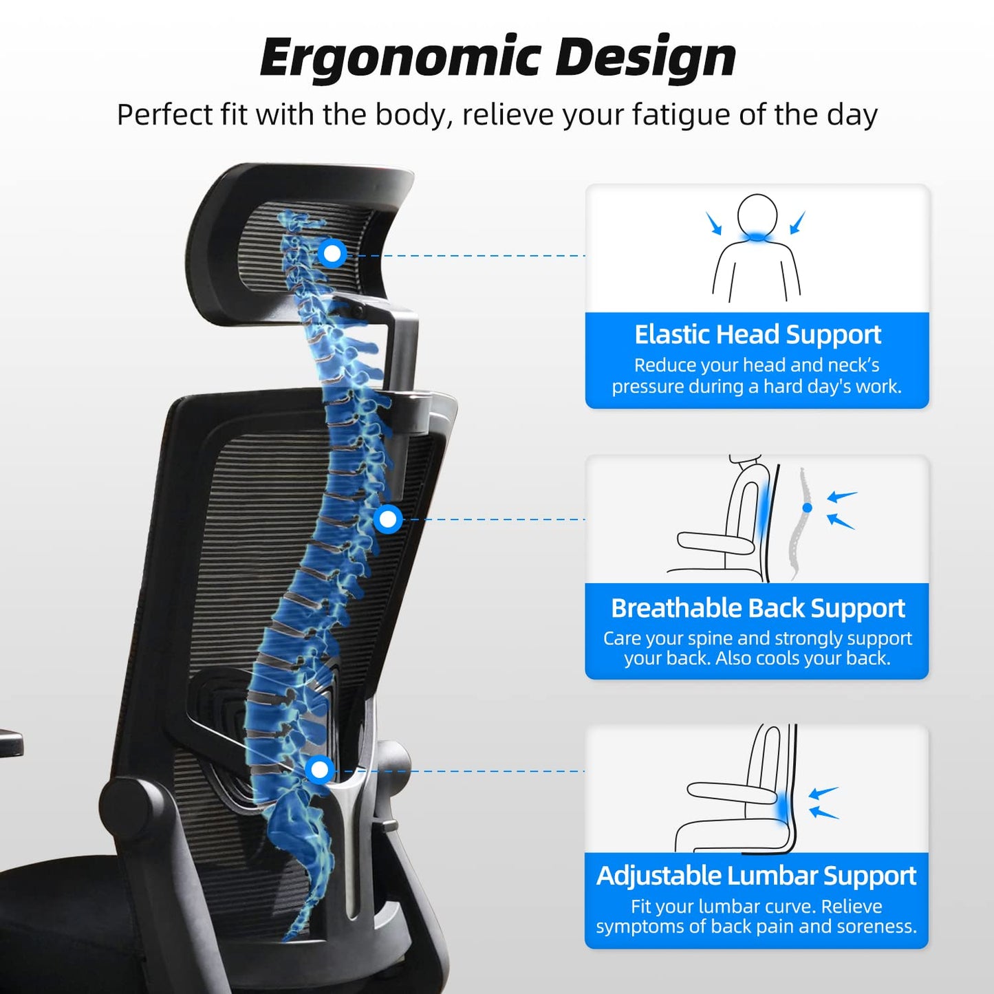 Daccormax Office Chair Ergonomic, Desk Chair with Adjustable Headrest, Armrests, Lumbar Support, Swivel Chair Tilt Function, Executive Chair made of Mesh, Back-friendly, Office Chair 150kg