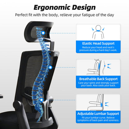Daccormax Office Chair Ergonomic, Desk Chair with Adjustable Headrest, Armrests, Lumbar Support, Swivel Chair Tilt Function, Executive Chair made of Mesh, Back-friendly, Office Chair 150kg