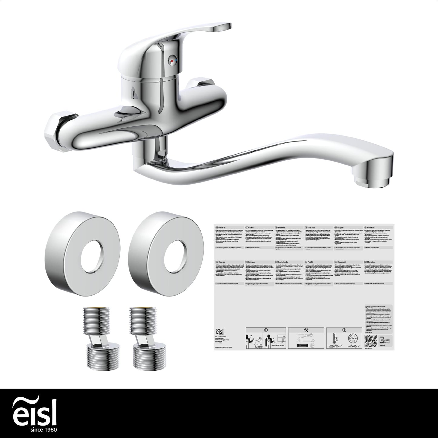 EISL 161EUROPE EUROPE Wall-mounted faucet Chrome, Wall-mounted sink faucet 360°, perfect for double sinks, Wall-mounted faucet, Wall-mounted faucet for kitchen/utility sink, Wall-mounted mixer tap.