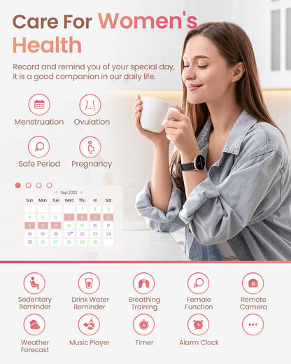 HASAKEI smartwatch for women, 1.39" HD touchscreen round ladies watch with phone function/menstrual cycle, 24H heart rate/SpO2/sleep monitor, waterproof IP68 pedometer Android iOS rose gold black.