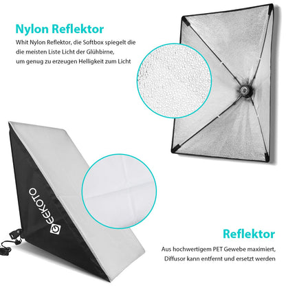 GEEKOTO Softbox Set Photo Studio 50 x 70cm, Continuous Light Studio Lighting Set with 2 Softbox Lamps E27 85W 5500K, 2m Fully Adjustable Light Stands for Studio Portraits, Product Photography, Fashion Photos, etc.