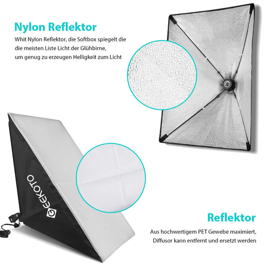 GEEKOTO Softbox Set Photo Studio 50 x 70cm, Continuous Light Studio Lighting Set with 2 Softbox Lamps E27 85W 5500K, 2m Fully Adjustable Light Stands for Studio Portraits, Product Photography, Fashion Photos, etc.