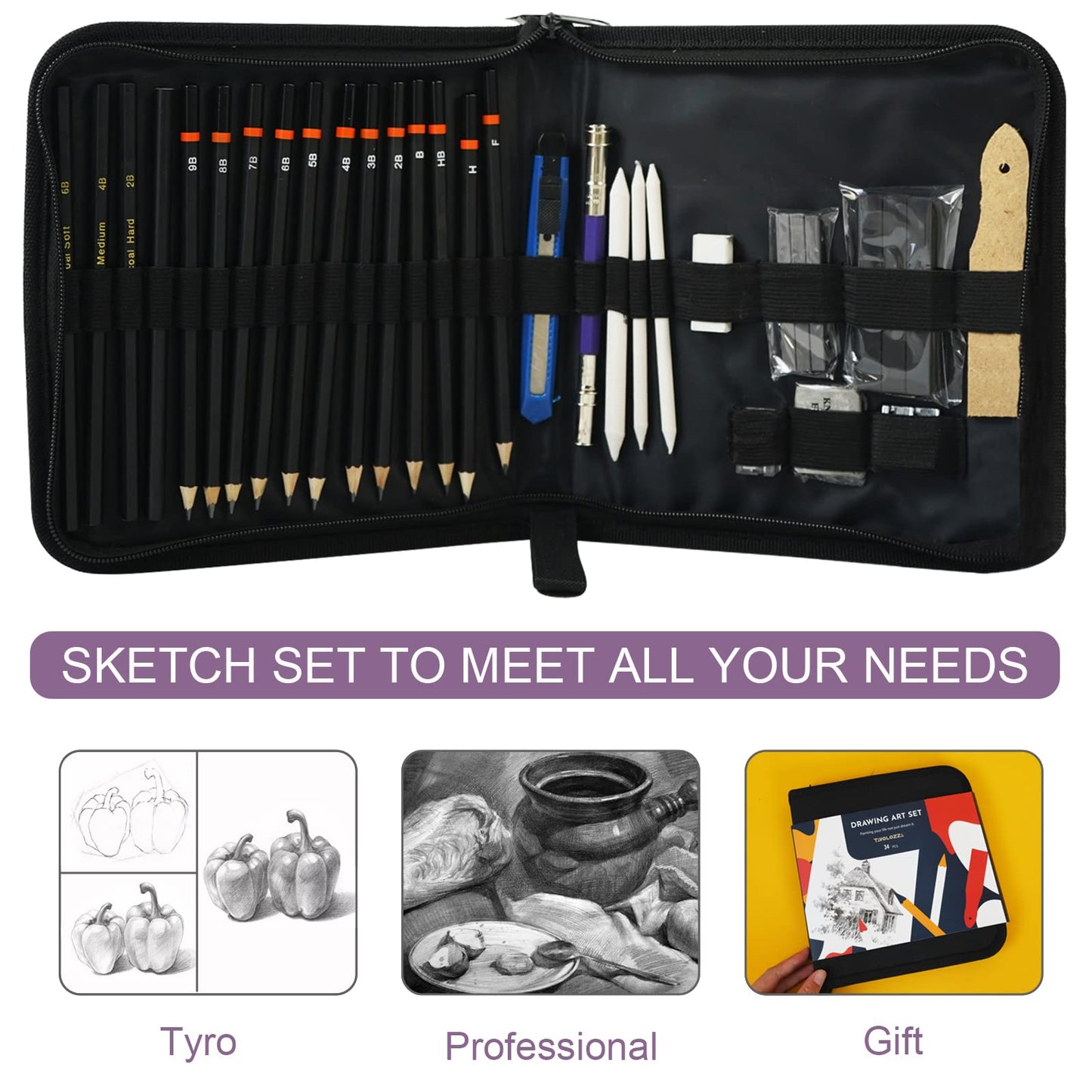 Palette Art Supplies 34-piece sketching pencils and drawing set in a carry bag - Includes pencils, charcoal pencils, erasers, and more accessories.