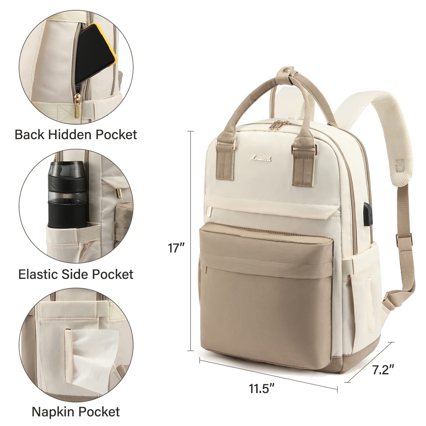 LOVEVOOK backpack for women, 15.6 inch laptop school backpack for girls teenagers with laptop compartment, waterproof school bag daypack elegant for school college travel work, khaki beige