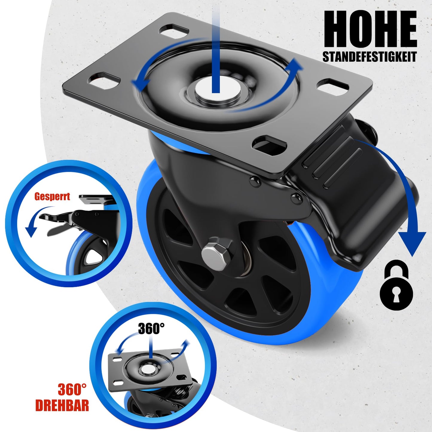 Asibaade heavy-duty casters 75mm swivel casters up to 480KG capacity 360° rotation for furniture transportation & industrial transport Black-Blue