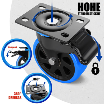 Asibaade heavy-duty casters 75mm swivel casters up to 480KG capacity 360° rotation for furniture transportation & industrial transport Black-Blue
