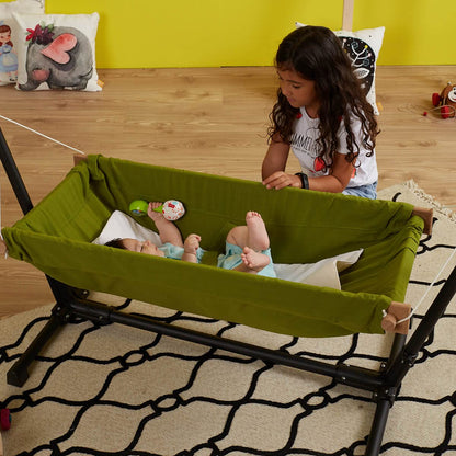 Baby Hammock with Stand. Made from 100% cotton, this travel-friendly baby hammock comes with a wooden swing stand for your little one to rest and play comfortably.