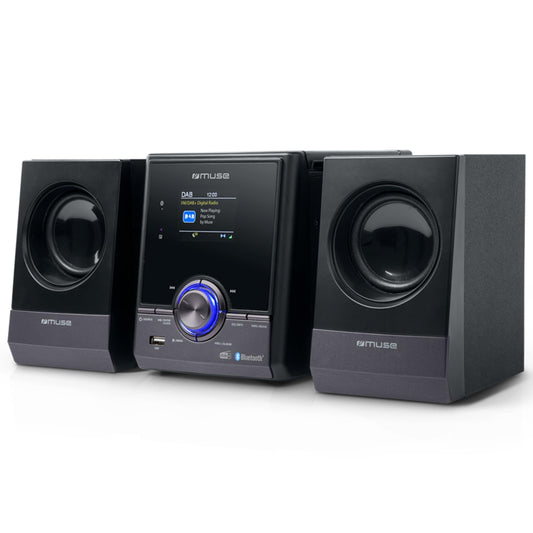 Muse stereo system, compact system with CD player & DAB radio, mini stereo system with 2 speakers, music system with FM/DAB/DAB+ digital radio, Bluetooth & AUX, MP3 & Spotify, compact music system.