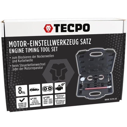 TECPO Engine Timing Tool Set VAG 1.2 1.4 1.6 FSI TSI TFSI suitable for Audi, VW, Seat, Skoda. Includes camshaft/crankshaft locking tools, dial gauge, OEM T10171 T10340 T10414. Ideal for timing chain replacement.