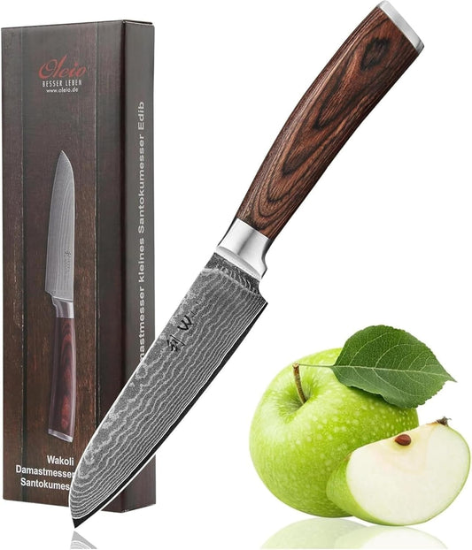 Wakoli EDIB Santoku knife 12cm - Small kitchen knife - VG10 core & 67 layers of damascus steel - Sharp damascus knife for vegetables & fruits - Pakkawood handle - Chef's knife - Gift box - Addition to knife set