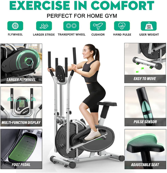 Home Cross Trainer Neezee Crosstrainer Pro 2-in-1 Elliptical Trainer with magnetic resistance, seat, smart LCD display, easy storage, transport wheels up to 120 kg (Silver)