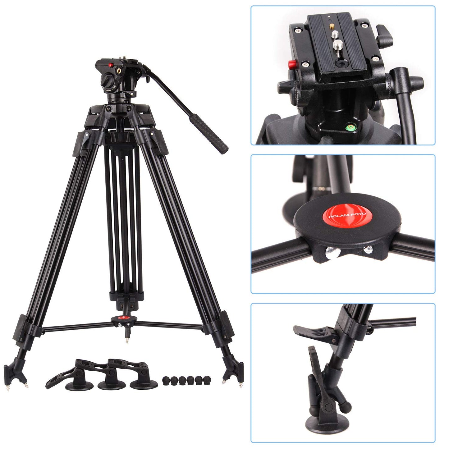 POLAM-PHOTO 163cm Professional Video Tripod with Fluid Head, High-performance Aluminum Double Tube Tripod, Load Capacity 8kg, Durable Tripod for Video Cameras