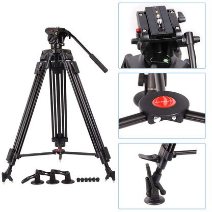 POLAM-PHOTO 163cm Professional Video Tripod with Fluid Head, High-performance Aluminum Double Tube Tripod, Load Capacity 8kg, Durable Tripod for Video Cameras