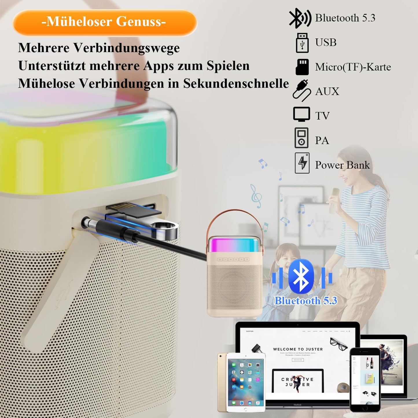 Karaoke machine with 2 wireless microphones, portable Bluetooth karaoke speaker with LED lights for home party, gift for birthday, Christmas, toy for girls and boys.