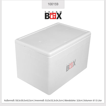 THERM-BOX Styrofoam box 61W Inside: 53x33x34cm Wall: 3cm Volume: 61.5L Insulated box Cooler box Warm-keeping box Reusable