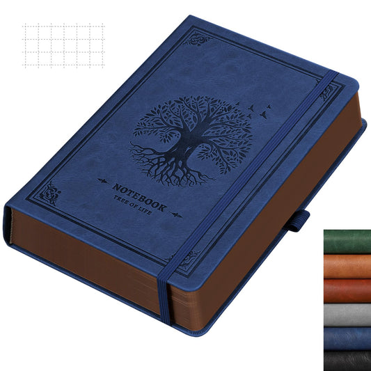 RETTACY A5 Checkered Notebook, Thick Grid Journal, Leather Hardcover 320 Pages, 100gsm Checkered Paper, Inner Pocket, for Office School Work Women Men, 14.5 x 21cm-Blue