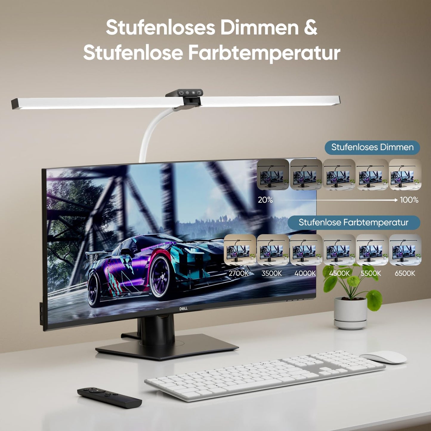 brightower Double Head Desk Lamp LED Dimmable, 24W 80CM Desk Lamp Clampable for Home Office, Daylight Lamp with Remote Controls, Gooseneck Office Table Lamp 5 Color Modes White