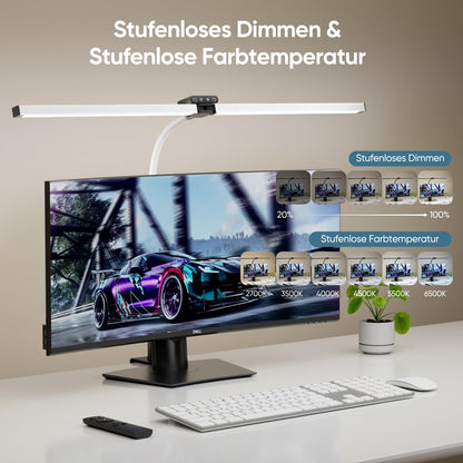 brightower Double Head Desk Lamp LED Dimmable, 24W 80CM Desk Lamp Clampable for Home Office, Daylight Lamp with Remote Controls, Gooseneck Office Table Lamp 5 Color Modes White