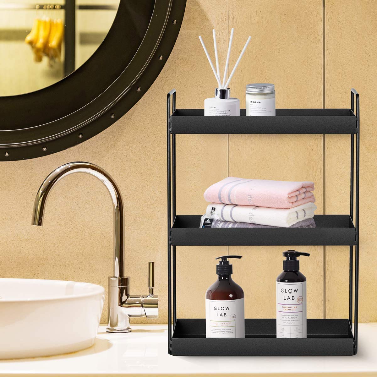 XINGDOZ Kitchen Spice Rack with 3 Levels Bathroom Countertop Under Cabinet Organizer Vanity Tray Cosmetics & Makeup Storage, Black