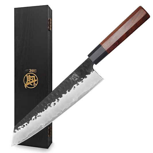 MITSUMOTO SAKARI 23 cm Japanese chef's knife, Kiritsuke kitchen knife Professional steel with high carbon content, Hand-forged meat knife (Rosewood handle & Boutique wooden box)