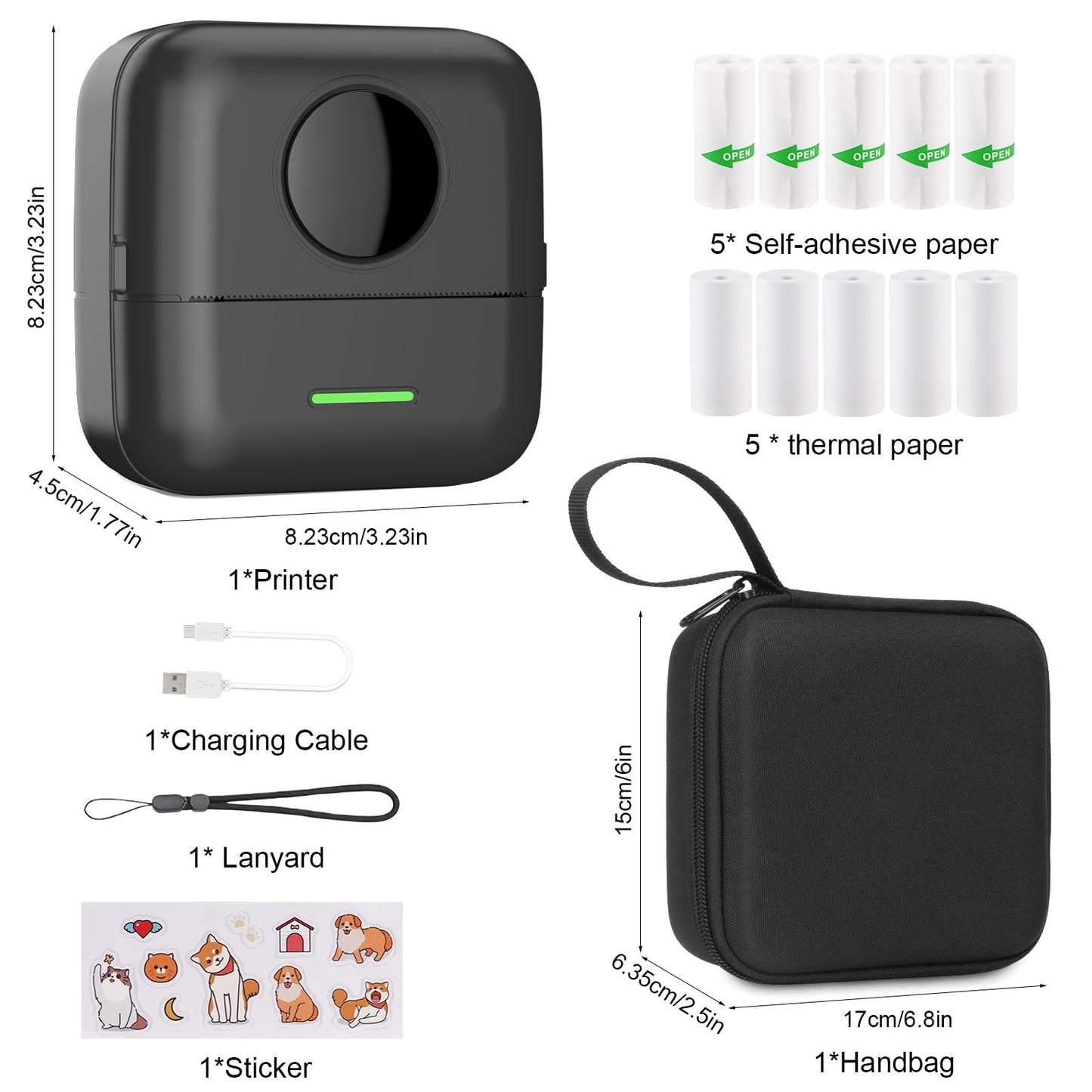 HUIJUTCHEN Mini Printer with Bag, Mini Label Printer Bag Portable Mini Photo Printer 10 Rolls Printer Paper Bluetooth Photo Printer Thermal Printer for Learning Aid Study Notes Journal Memo (Black)