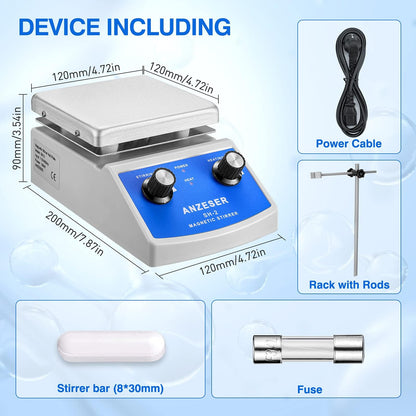 ANZESER Magnetic Stirrer Heating Plate 120x120mm 380°C for simultaneous mixing, stirring, and heating with EU plug, PTFE (Polytetrafluoroethylene), Aluminum
