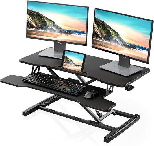 FITUEYES Adjustable Height Desk Riser Office Sit Stand Computer Desk 92 x 40 cm Standing Desk with Keyboard Tray Suitable for Two Monitors Black, SD309101WB