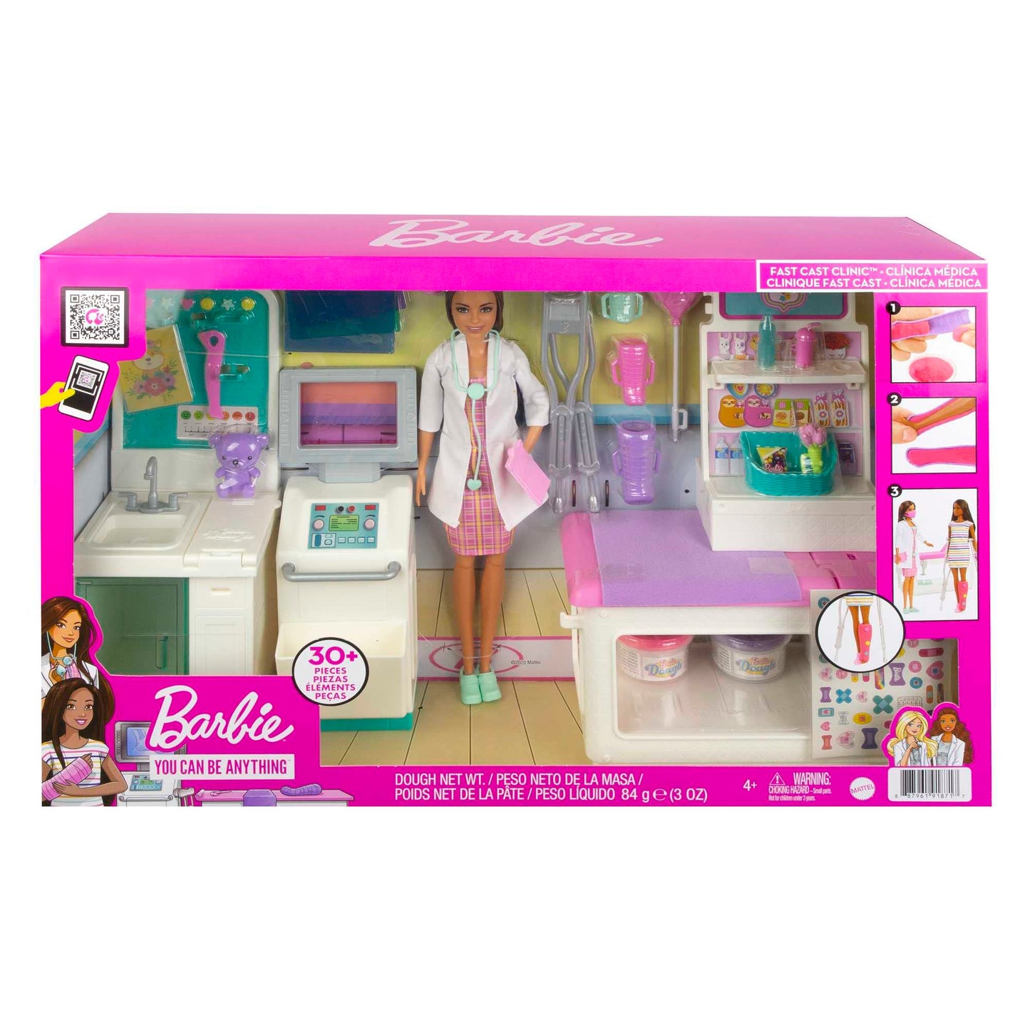 Barbie HFT68 - Get Well Hospital Playset with brunette doctor doll, 4 play areas, over 30 pieces, toy for ages 4 and up.