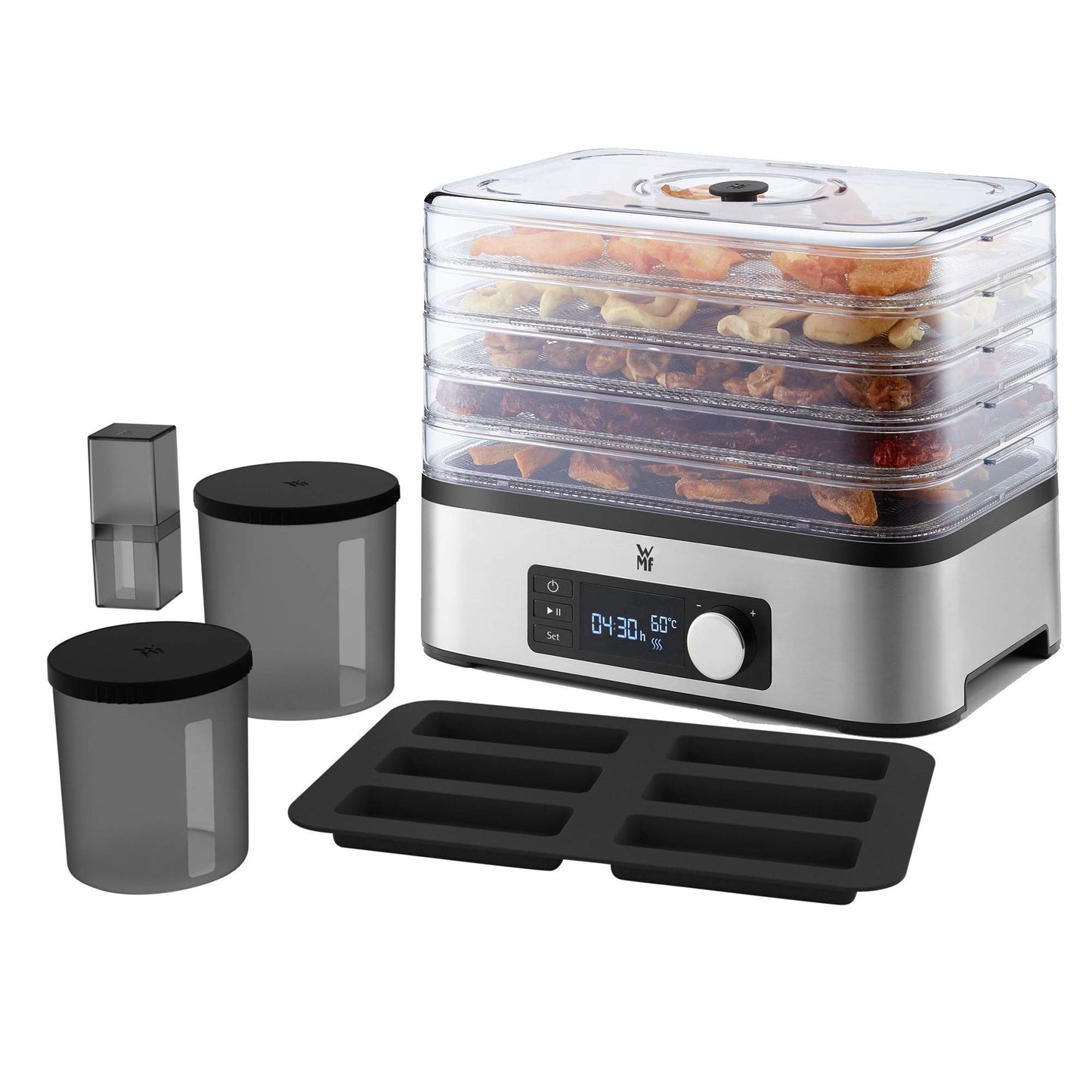 WMF Kitchen Minis stainless steel food dehydrator with 5 trays, 30-70°C temperature range, 24h timer, fruit dryer, dehydrator, 2 boxes, granola bar molds, BPA-free.