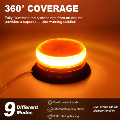 AnTom 360 beacon 9 flash modes 12V 24V Yellow Warning light LED magnet with 3 meters cable for car truck tractor golf cart SUV