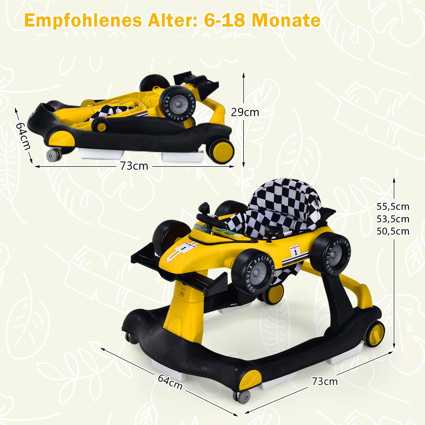 COSTWAY 4 in 1 baby walker, foldable with adjustable height & speed, car-shaped design with music box, lights & wheels, suitable for babies from 6 months, can hold up to 12kg weight (yellow)