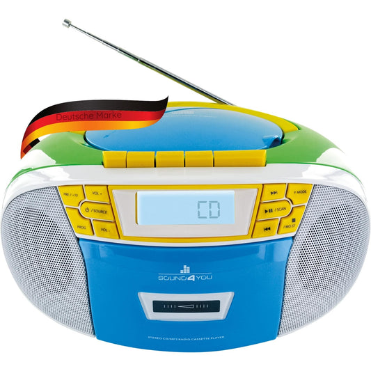 SCHWAIGER 661644 CD player with cassette and radio MP3 USB connection FM radio AUX headphones Boombox mains and battery operation display portable colorful