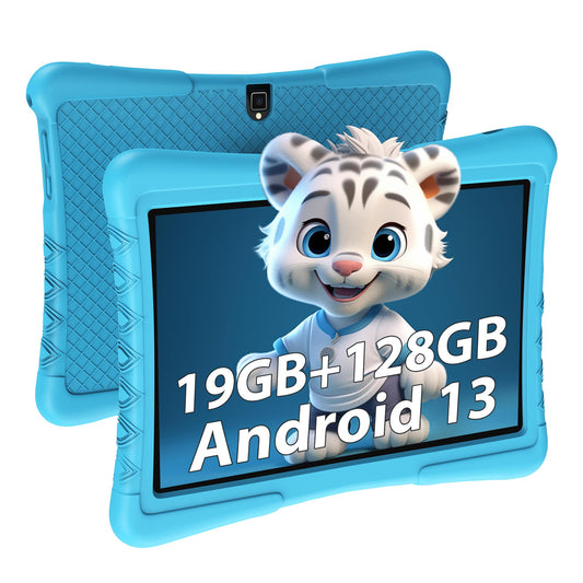 LNMBBS Kids Tablet 10 inch, Android 13 Tablet for Kids, 19GB+128GB/TF 1TB, Kids Tablet with Parental Control, 5MP+8MP, HD IPS Display, WiFi/BT/8000mAh/Google GMS, Learning Tablet with Eva Case-Blue