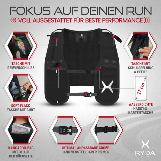 RYDA ACTIVE® running vest for women & men | Ultralight, reflective & universally adjustable | with water bottle & safety label | perfect for jogging, running, trail, marathon & hiking