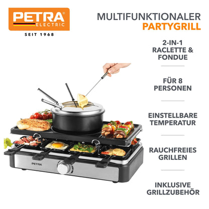 Petra 2-in-1 Raclette & Fondue, Large Teppanyaki Grill for 8 people, Smokeless Electric Grill, 1.3l Fondue pot with skewers, Includes wooden spatulas and sliders, for social evenings