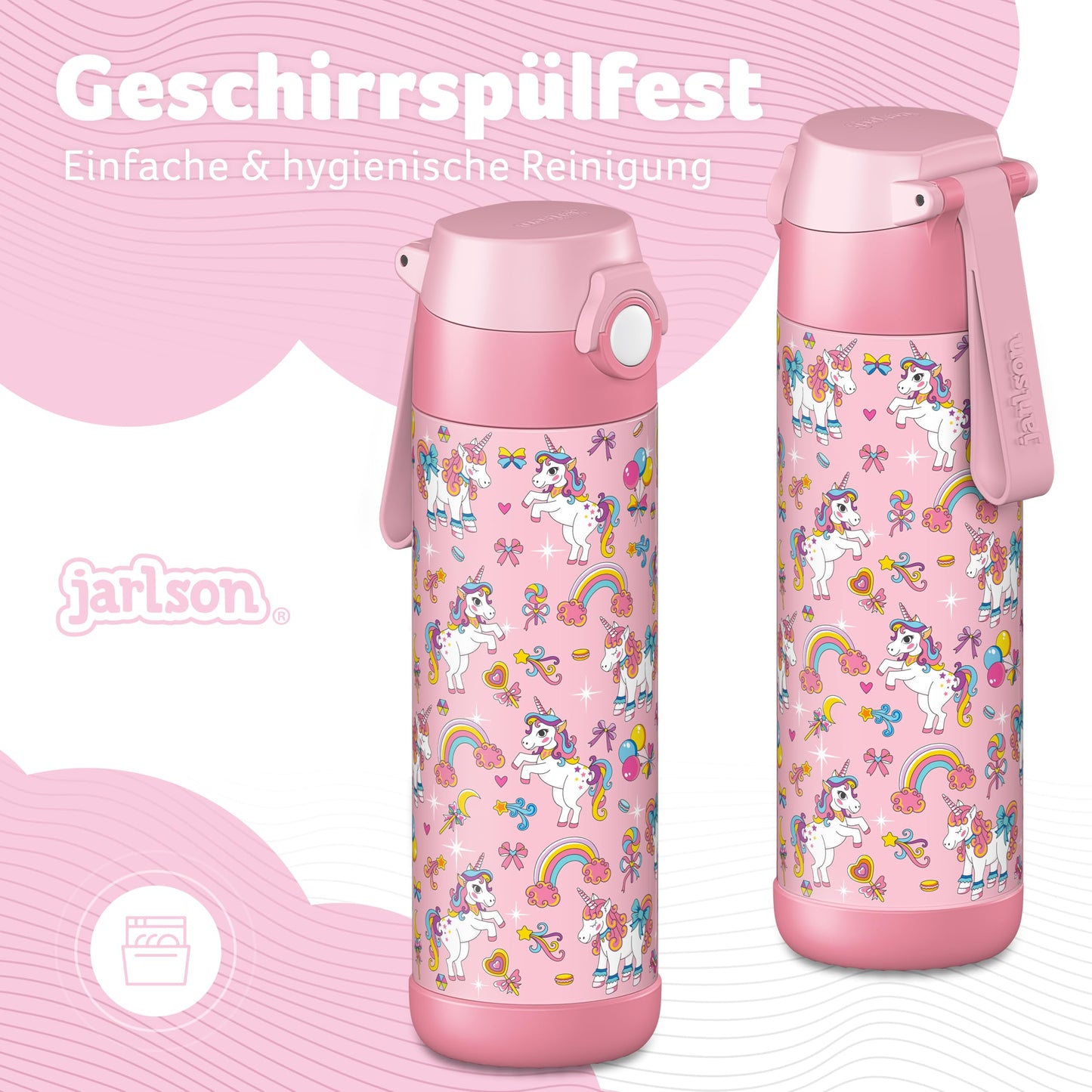 JARLSON® Kids Water Bottle "MALI" - Stainless Steel Thermos Bottle - BPA free - Leakproof - Kids Bottle with Chug Lid - Bottle for School, Kindergarten - 350ml (Unicorn, 500ml)