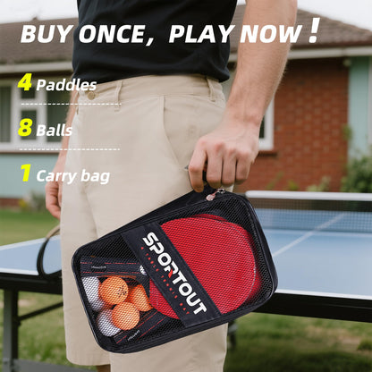 Table tennis racket set, 4 table tennis rackets with 8 table tennis balls table tennis racket set with bag professional sports set for indoor outdoor games