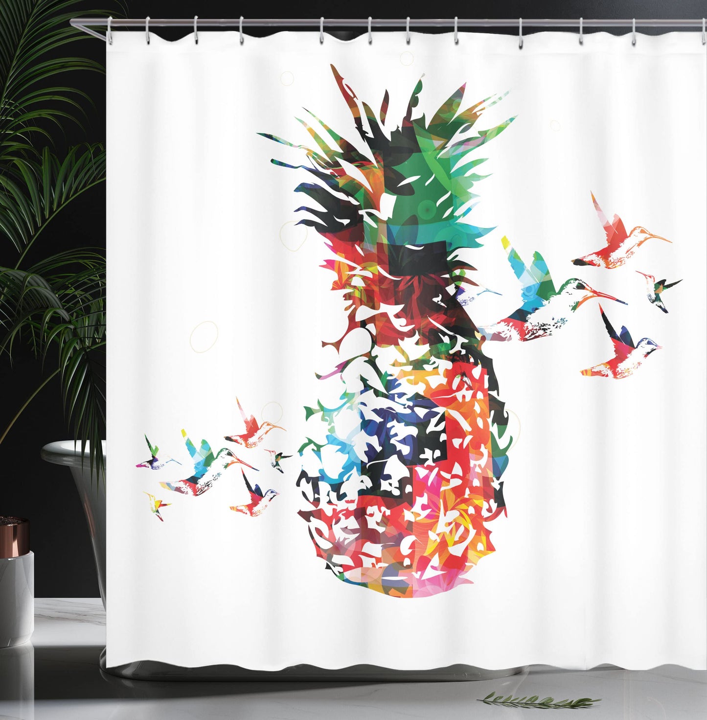 ABAKUHAUS Pineapple Shower Curtain, Modern Geometric Art, Fabric Bathroom Decor Set with Hooks, 175 x 240 cm, White Green Red