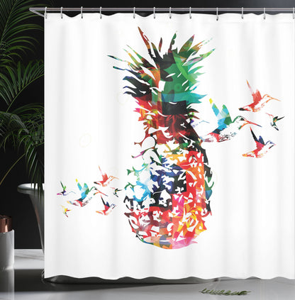 ABAKUHAUS Pineapple Shower Curtain, Modern Geometric Art, Fabric Bathroom Decor Set with Hooks, 175 x 240 cm, White Green Red