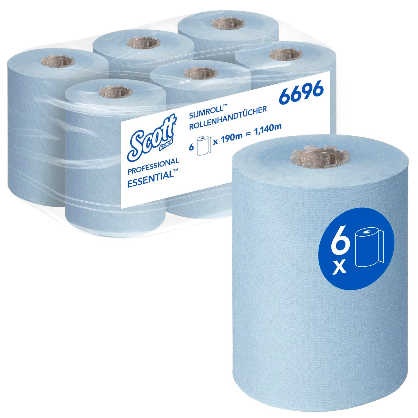 Scott Essential Slimroll 6696 Roll Paper Towels, 1-ply blue paper towels, made with EU Ecolabel-certified paper, 6 rolls x 190m (total 1,140m).