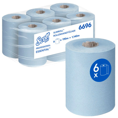 Scott Essential Slimroll 6696 Roll Paper Towels, 1-ply blue paper towels, made with EU Ecolabel-certified paper, 6 rolls x 190m (total 1,140m).