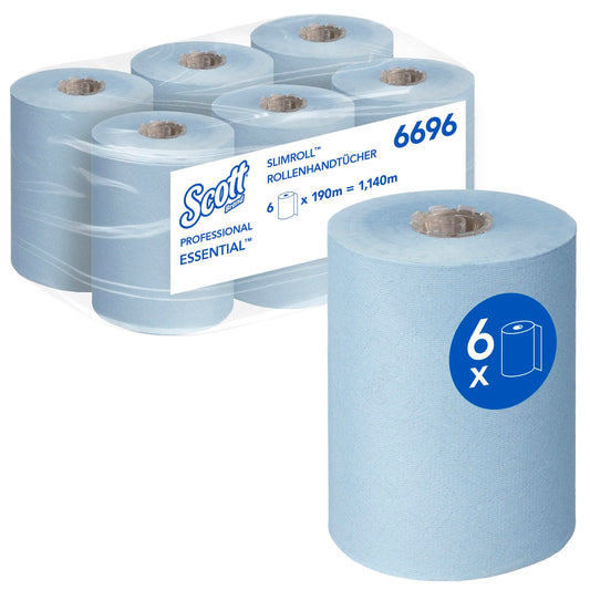 Scott Essential Slimroll 6696 Roll Paper Towels, 1-ply blue paper towels, made with EU Ecolabel-certified paper, 6 rolls x 190m (total 1,140m).