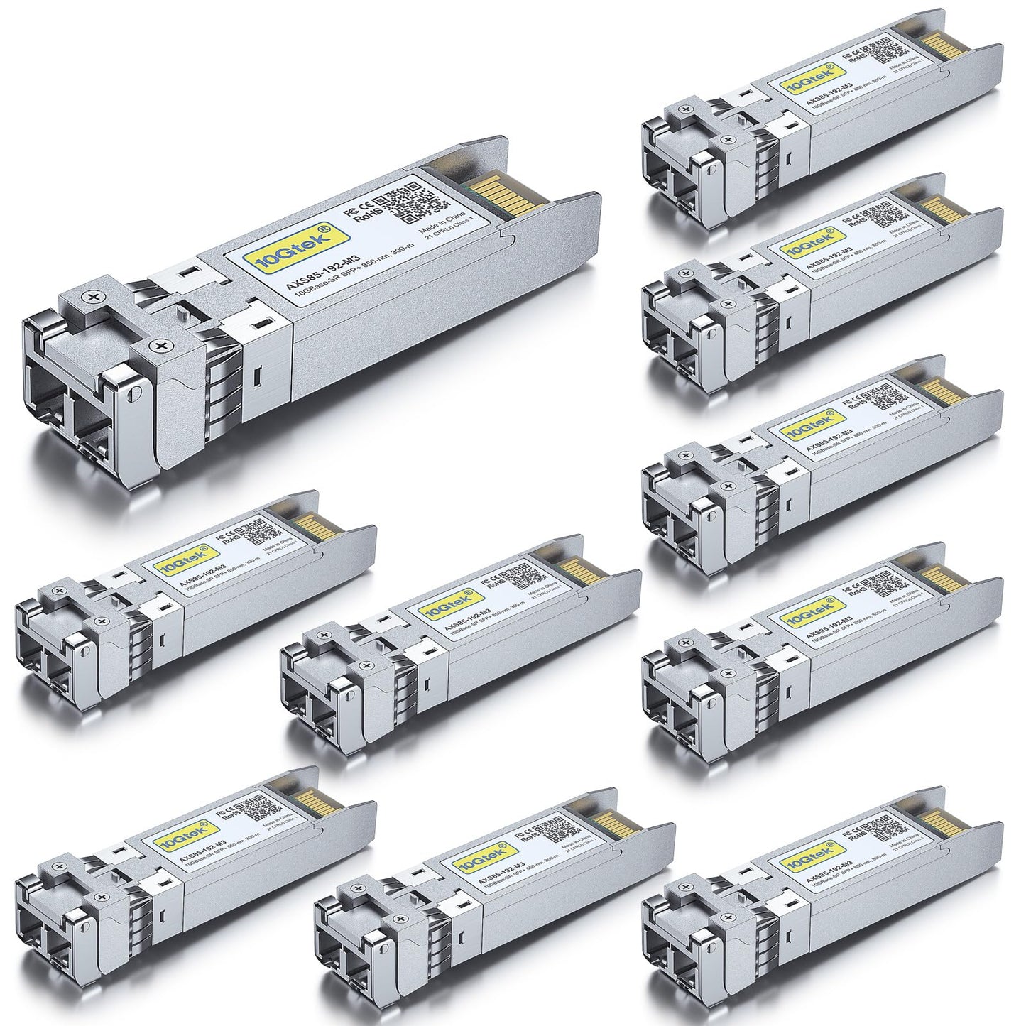10Gtek 10-piece 10Gb SFP+ SR multimode module, 10GBase-SR LC transceiver compatible with Cisco SFP-10G-SR, Meraki, Mikrotik, Ubiquiti UniFi, Netgear, Zyxel, D-Link, TP-Link, Open Switch.
