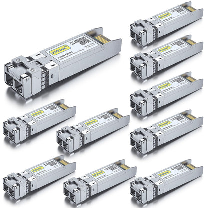 10Gtek 10-piece 10Gb SFP+ SR multimode module, 10GBase-SR LC transceiver compatible with Cisco SFP-10G-SR, Meraki, Mikrotik, Ubiquiti UniFi, Netgear, Zyxel, D-Link, TP-Link, Open Switch.