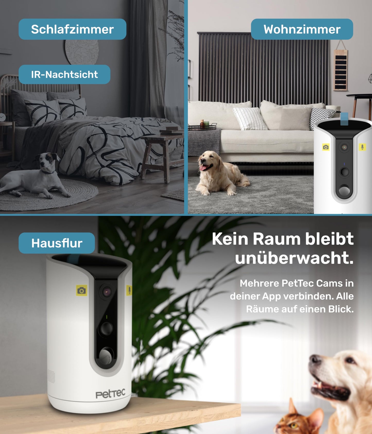 PetTec® pet camera 360° and automatic feeder with treat dispenser - via app & multi-button - bark detection - 3MP night vision function - dog camera & cat camera