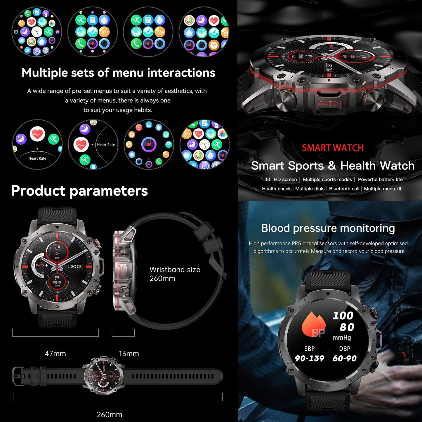 Men's smartwatch with phone function, 1.43 inch HD full touchscreen, 5ATM with 110+ sports modes, fitness tracker, sleep monitor, pedometer, message reminder, heart rate monitor for Android iOS (Silver)