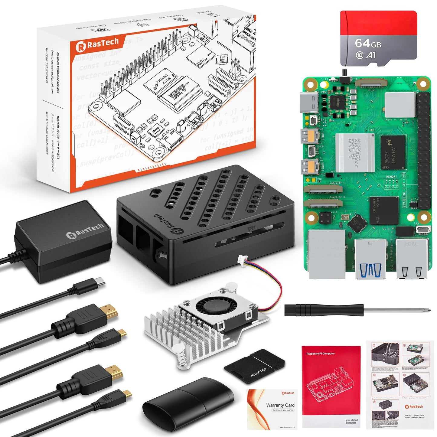 RasTech Raspberry Pi 5 8GB Kit 64GB Edition with Active Cooler, 27W 5.1V5A USB-C power supply, Pi5 8GB board, 64GB card reader kit, Pi 5 case, dual 4K micro HDMI cable, and user manual.