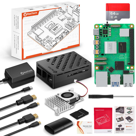 RasTech Raspberry Pi 5 8GB Kit 64GB Edition with Active Cooler, 27W 5.1V5A USB-C power supply, Pi5 8GB board, 64GB card reader kit, Pi 5 case, dual 4K micro HDMI cable, and user manual.